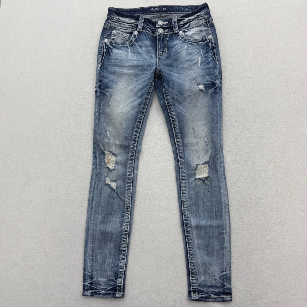 Miss Me Skinny Jeans Women 25 Blue Low Rise Distressed Embellished Horseshoe‎ - Picture 4 of 9